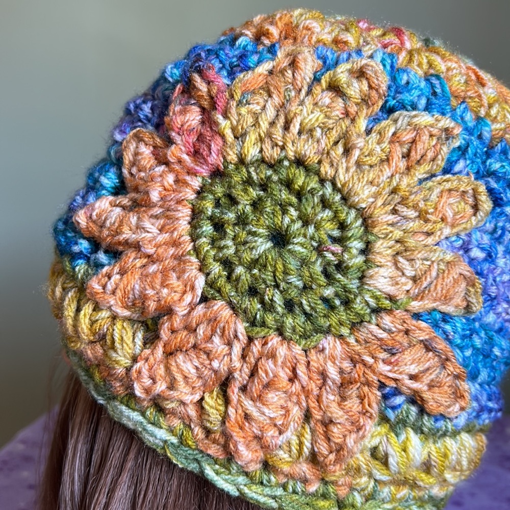 Crochet mammoth sunflower beanie soft acrylic yarn medium new - Picture 2 of 11